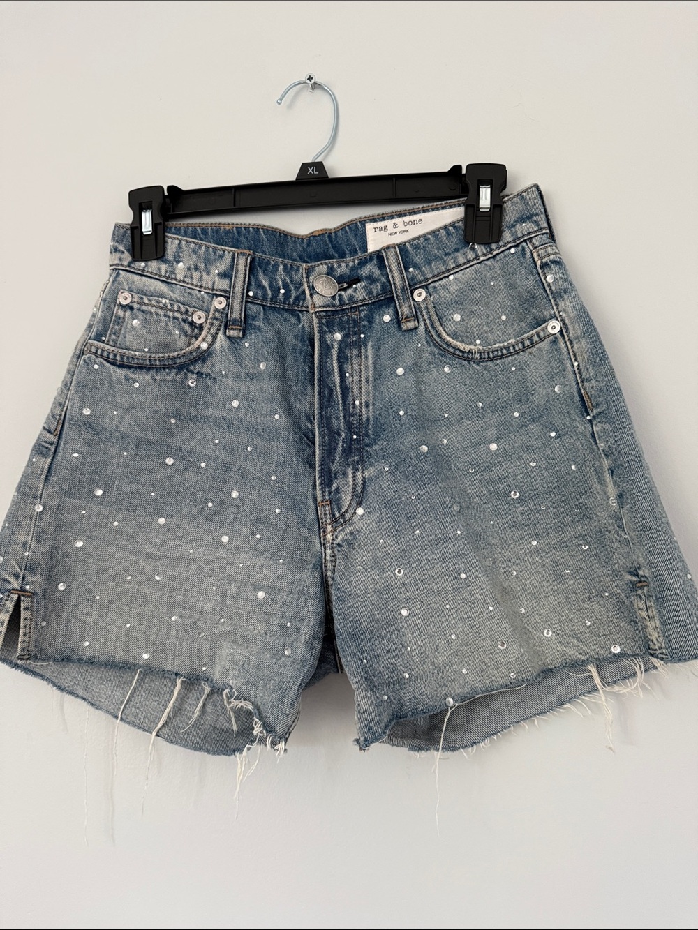 rag & bone Distressed Rhinestone Solana Jewel Denim Shorts - Light Blue